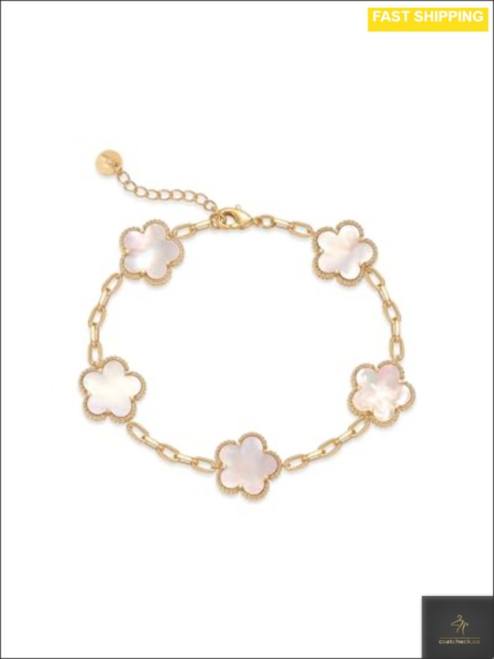 14K Gold Plated Mother of Pearl Clover Charm Bracelet Adjustable Chain